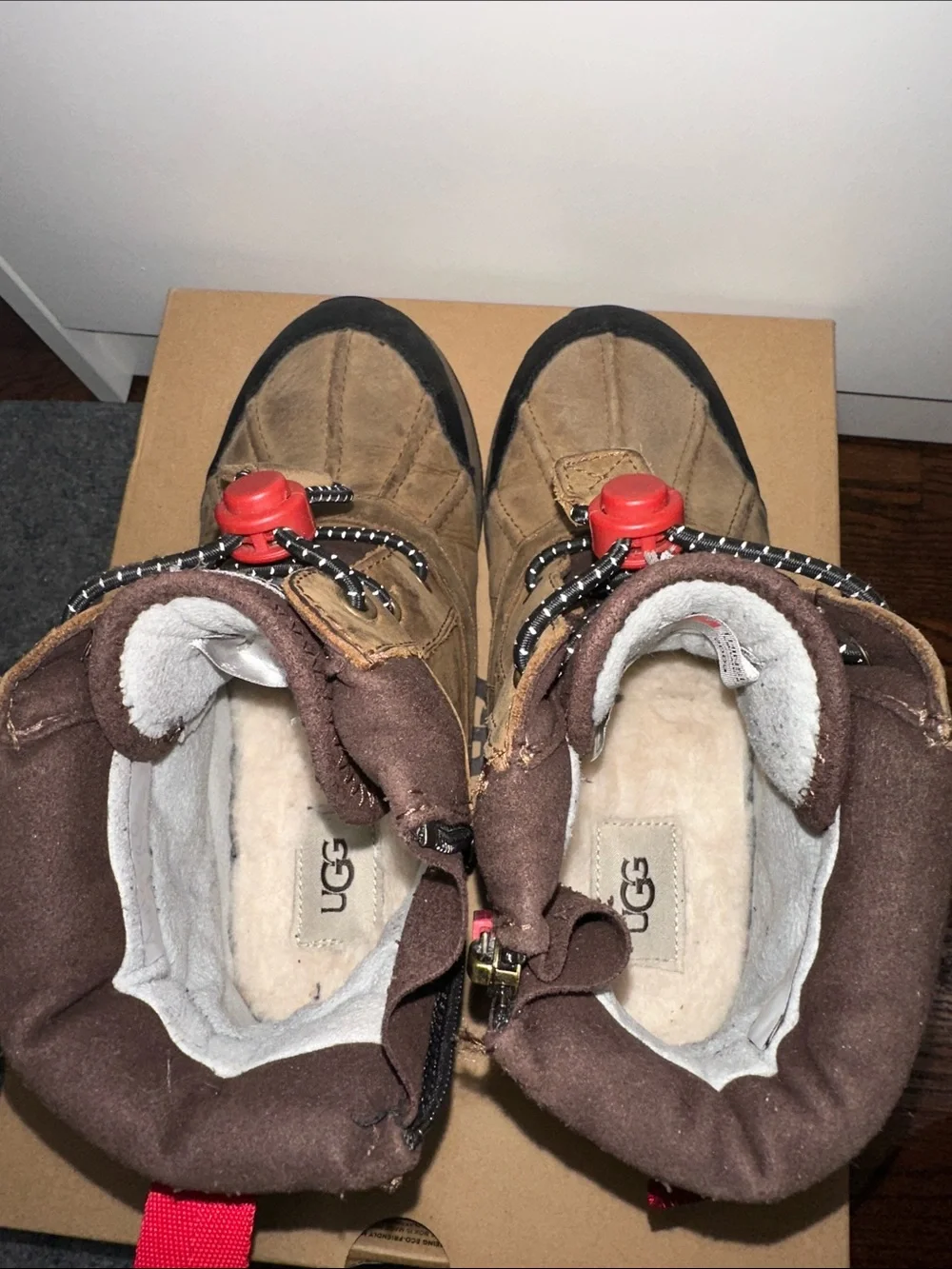 UGG Kids Brown and Black Winter Boots with Red Toggle